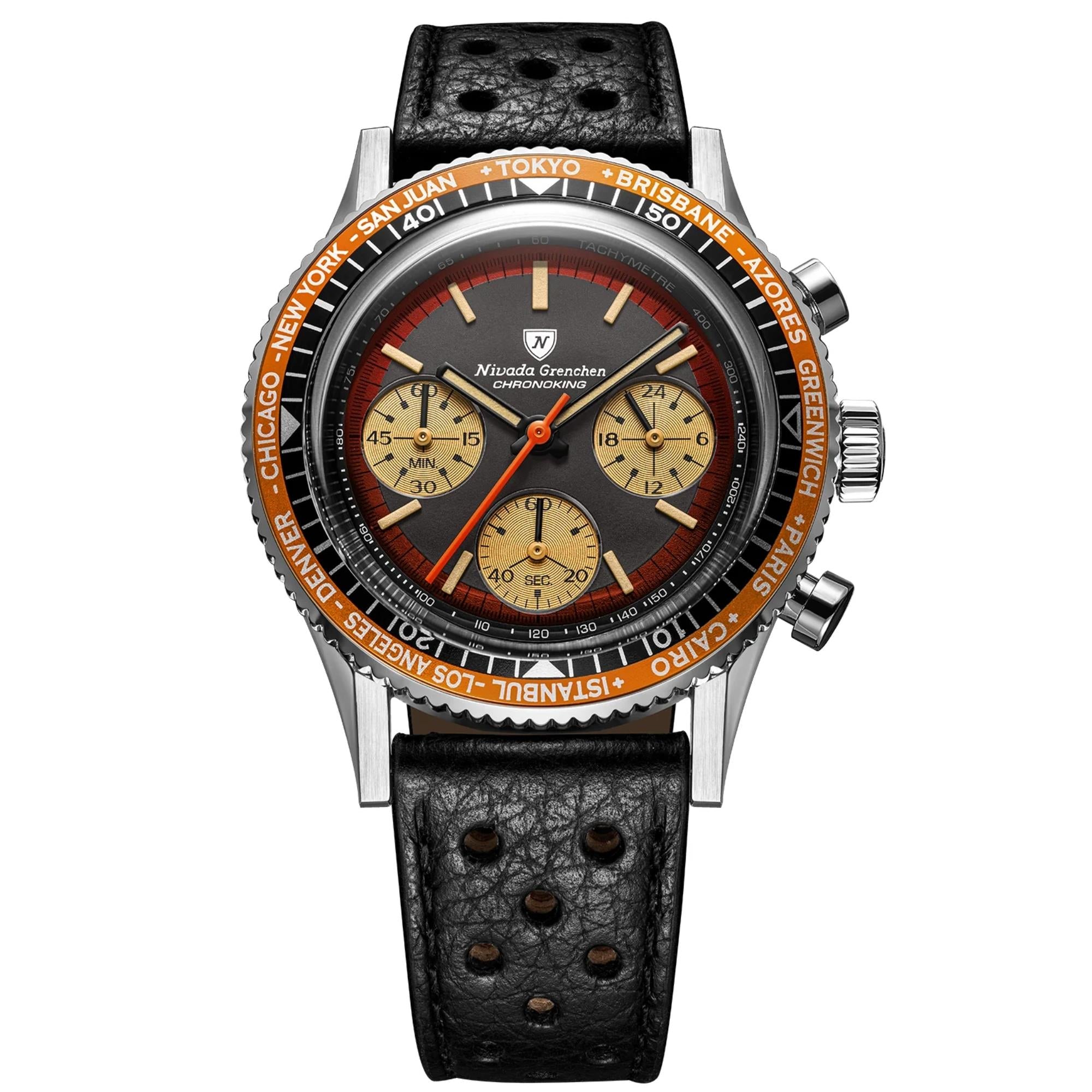 Nivada Grenchen Chronoking 38mm Chronograph Black Dial Leather Mens Mecaquartz Watch 87055Q10
