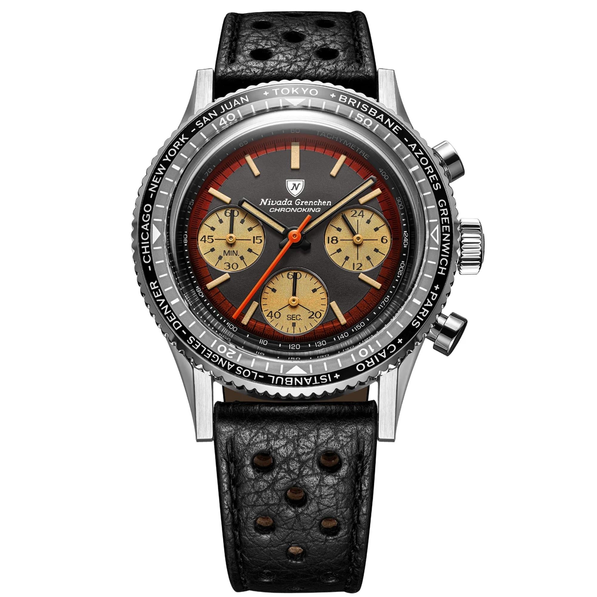 Nivada Grenchen Chronoking 38mm Chronograph Black Dial Leather Mens Mecaquartz Watch 87055Q10