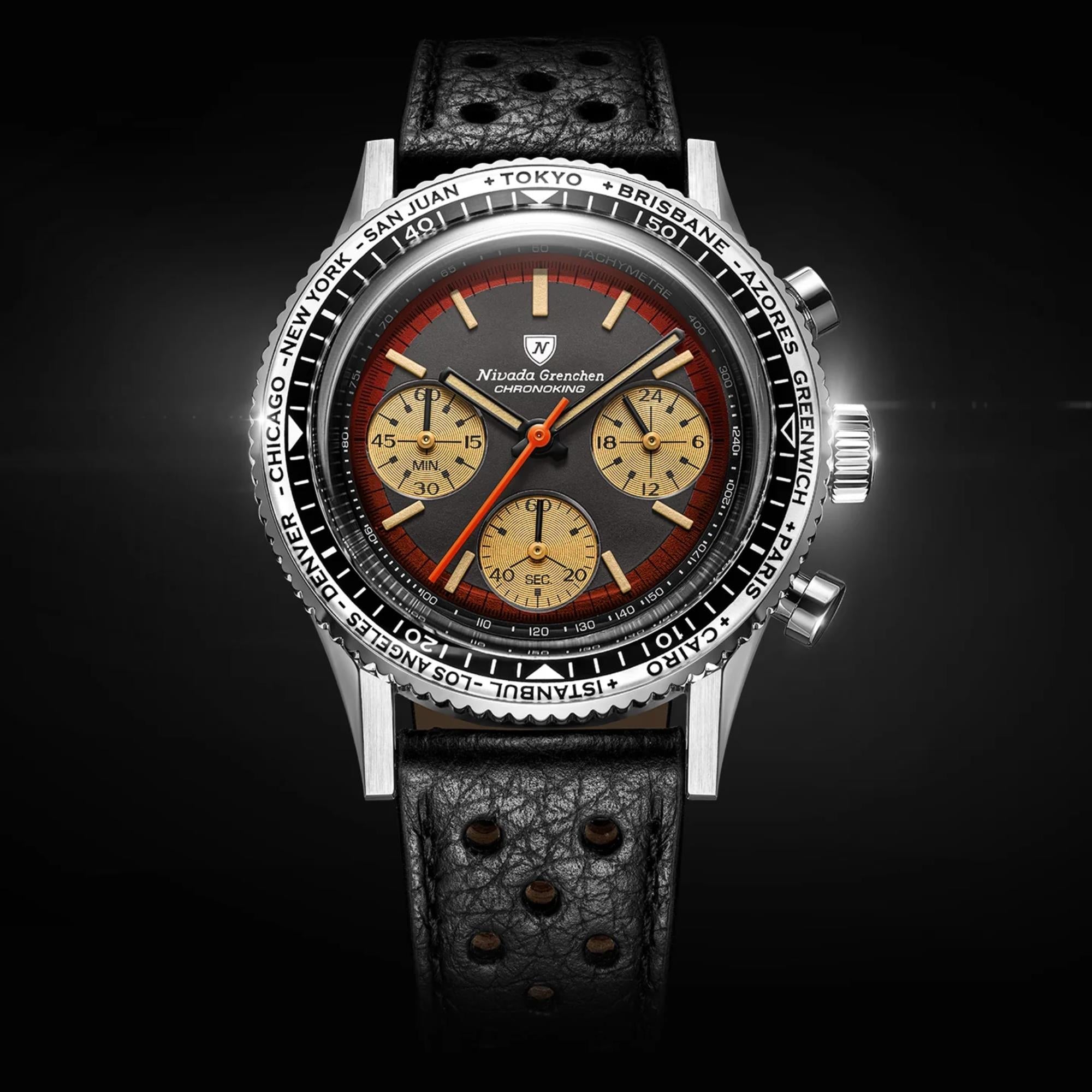 Nivada Grenchen Chronoking 38mm Chronograph Black Dial Leather Mens Mecaquartz Watch 87055Q10