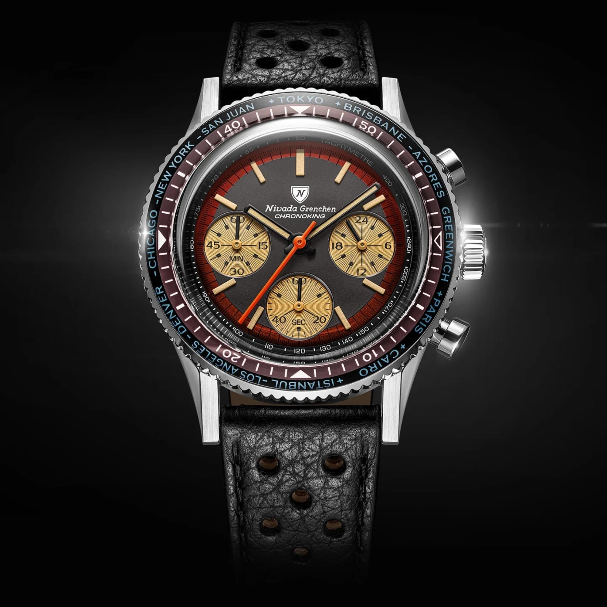 Nivada Grenchen Chronoking 38mm Chronograph Black Dial Leather Mens Mecaquartz Watch 87055Q10