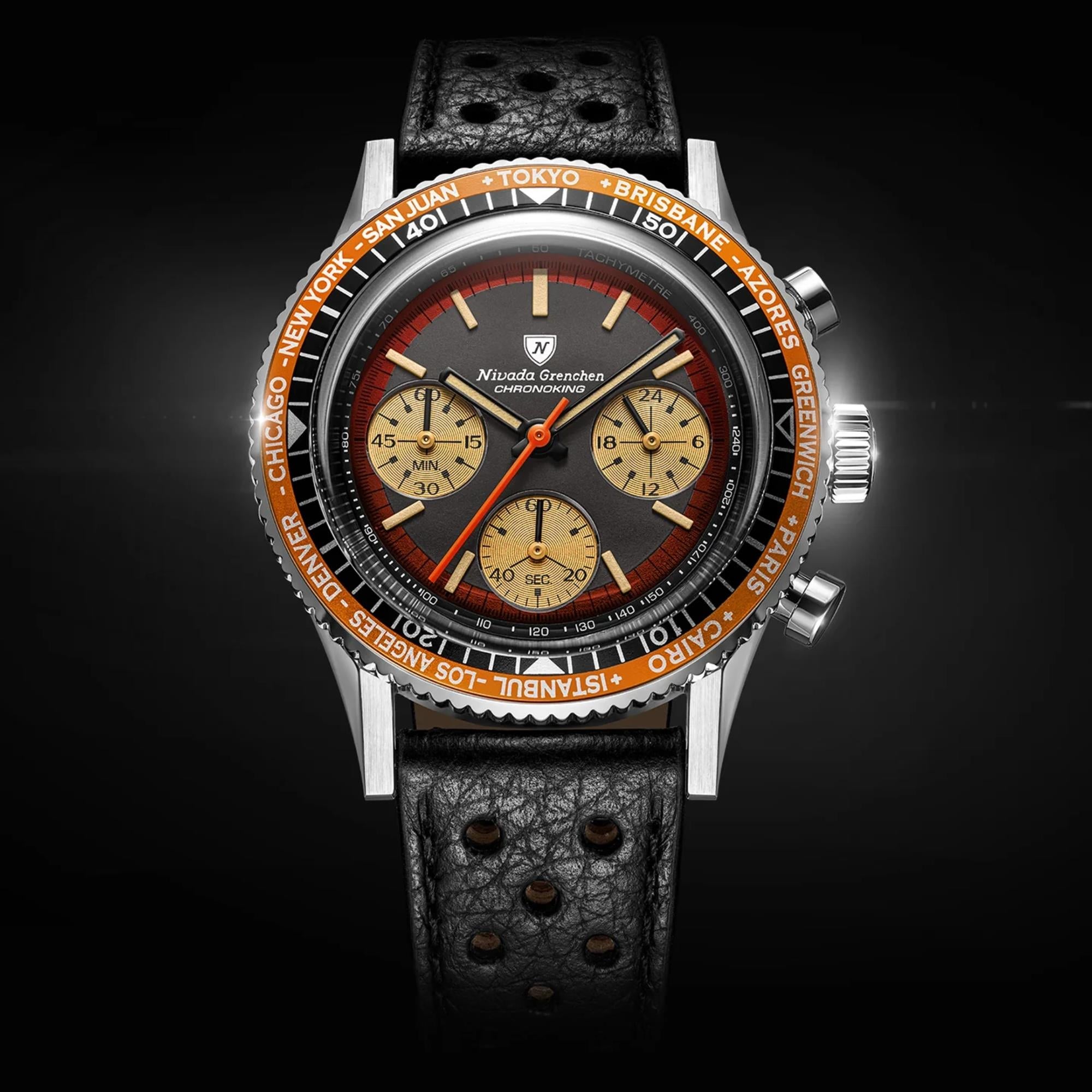 Nivada Grenchen Chronoking 38mm Chronograph Black Dial Leather Mens Mecaquartz Watch 87055Q10