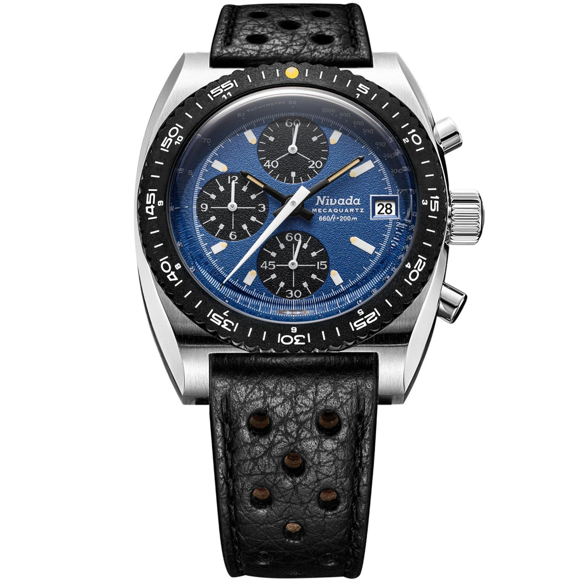 Nivada Grenchen Autochron Mecaquartz 77005Q10 mens watch featuring a blue dial with a black leather strap