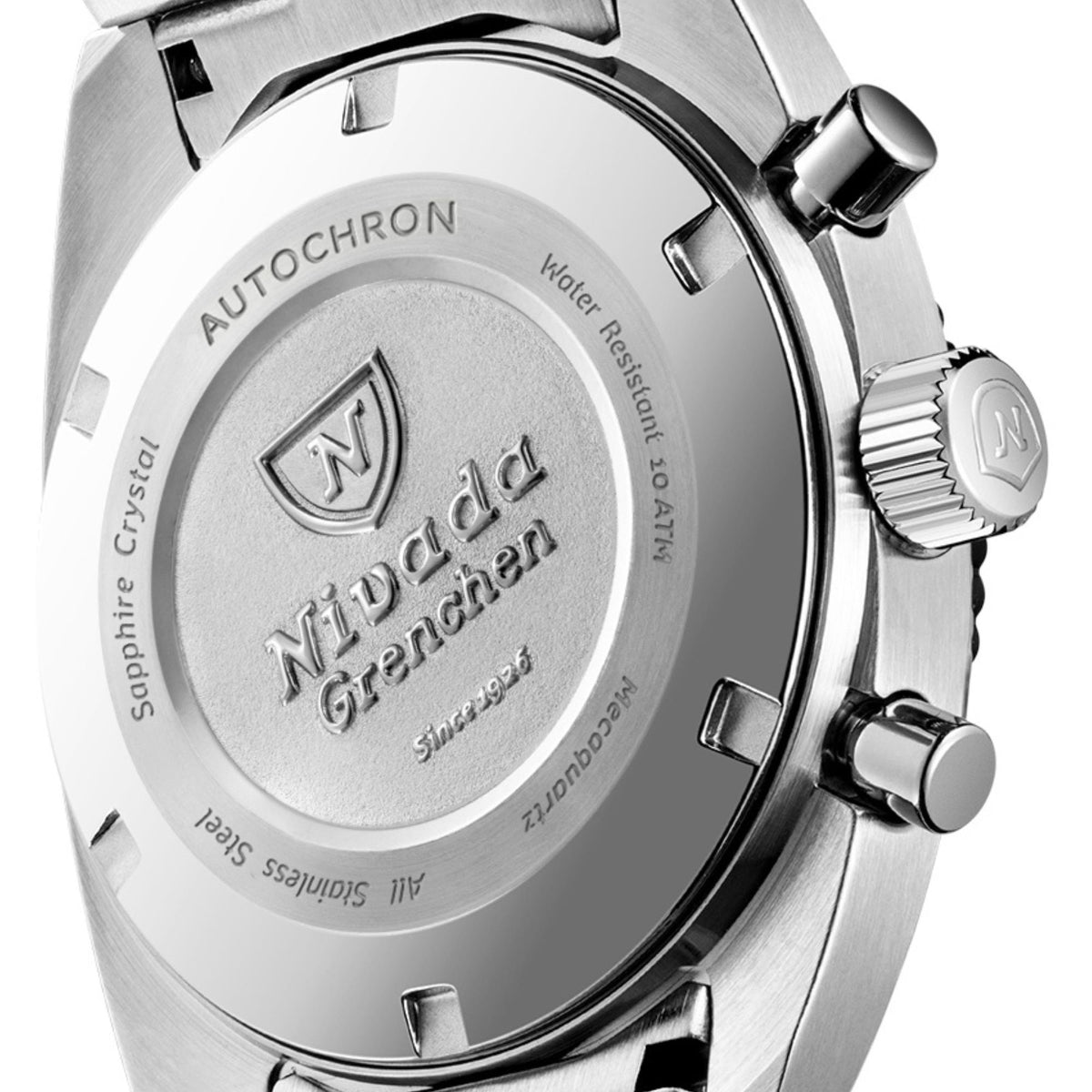 Rear view of Nivada Grenchen Autochron Mecaquartz 77005Q10 mens timepiece displaying engraved stainless steel case back