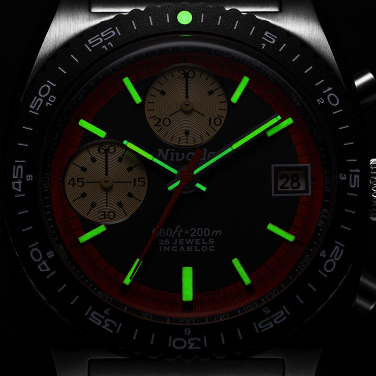 Nivada Grenchen Autochron 38mm Orange Chronograph Black Dial Rubber Mens Automatic Watch 77004A27