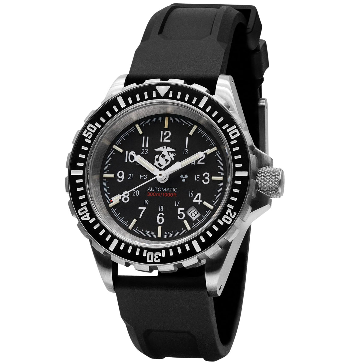 Marathon GSAR Official USMC WW194006SS-0230 mens automatic wrist watch featuring stainless steel case, black dial, and black rubber strap