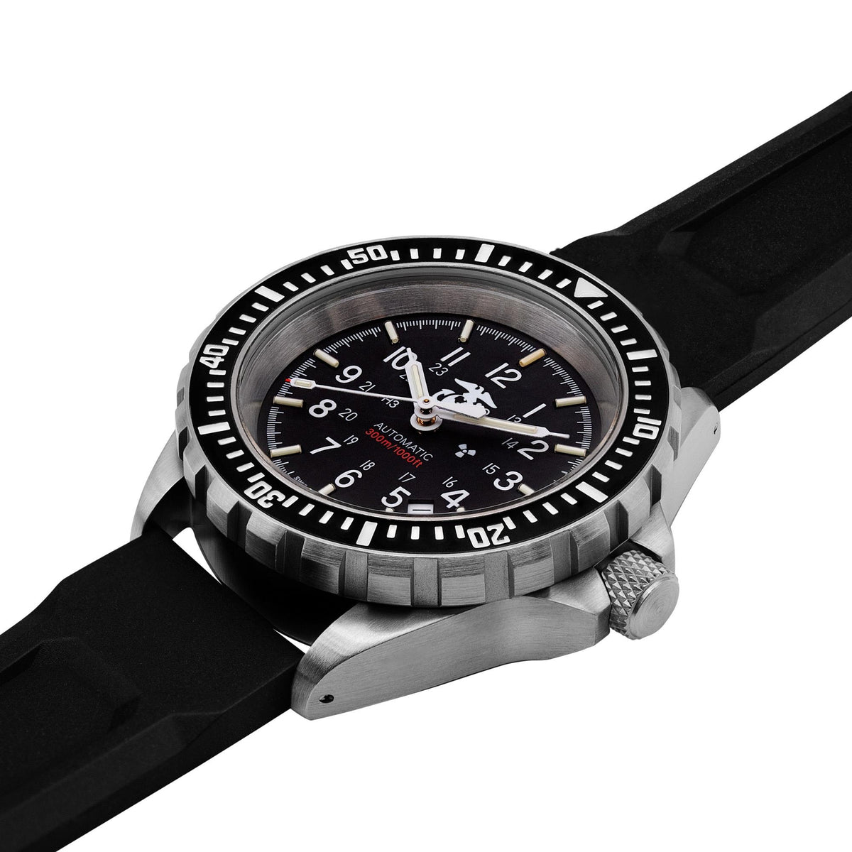 Marathon GSAR Official USMC WW194006SS-0230 automatic watch displaying textured bezel, stainless steel case, and black dial