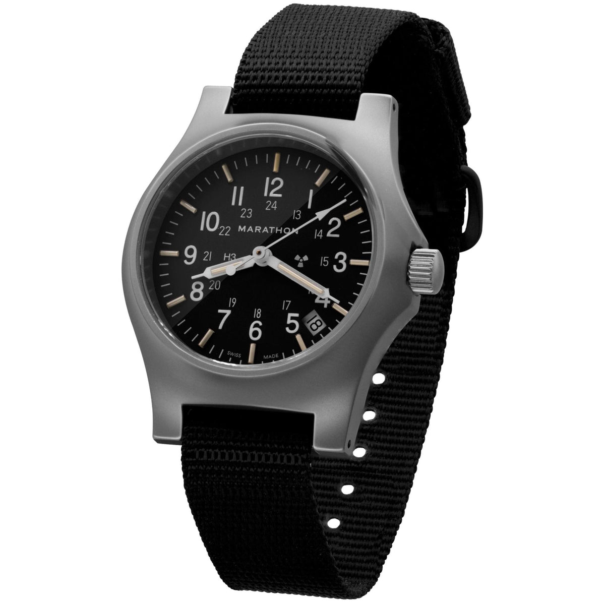 Marathon General Purpose Field WW194015SS-0101 quartz watch displaying brushed steel case and nylon strap