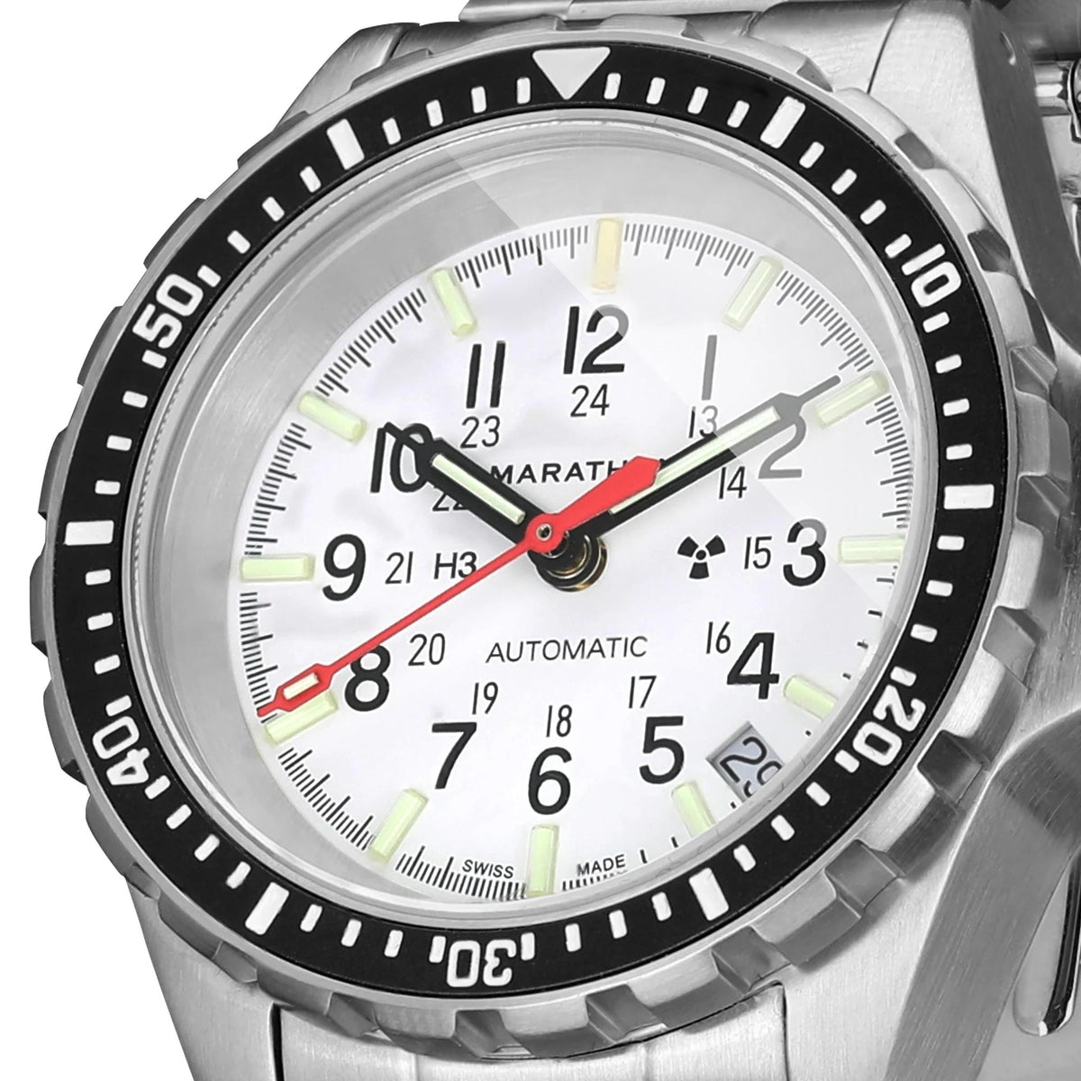 Marathon MSAR Arctic Edition WW194026SS-0506 automatic watch macro shot displaying white dial with red second hand and date window