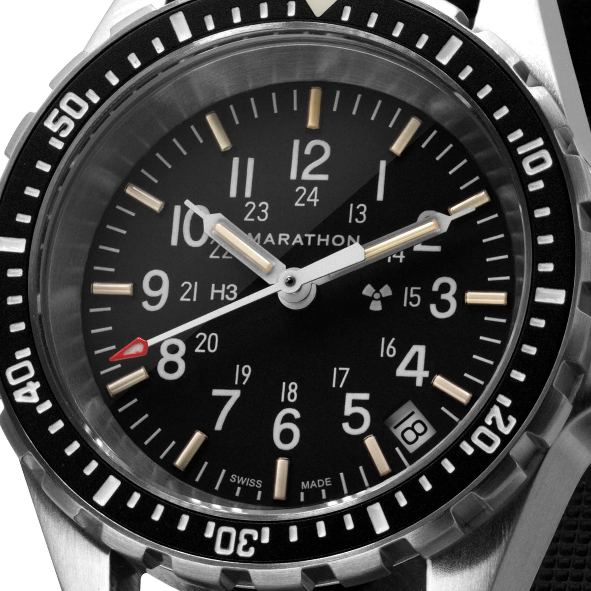 Marathon MSAR WW194027SS-0130 men's quartz watch macro shot displaying black dial with date display and red-tipped second hand