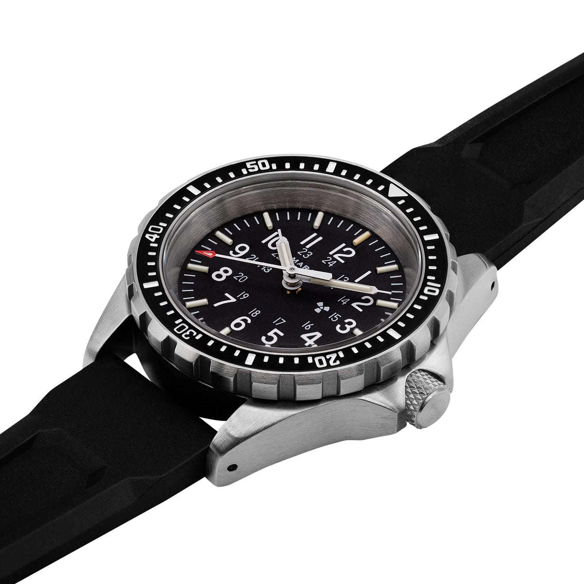 Marathon MSAR WW194027SS-0130 quartz watch showing brushed steel case and black rubber strap from top angle