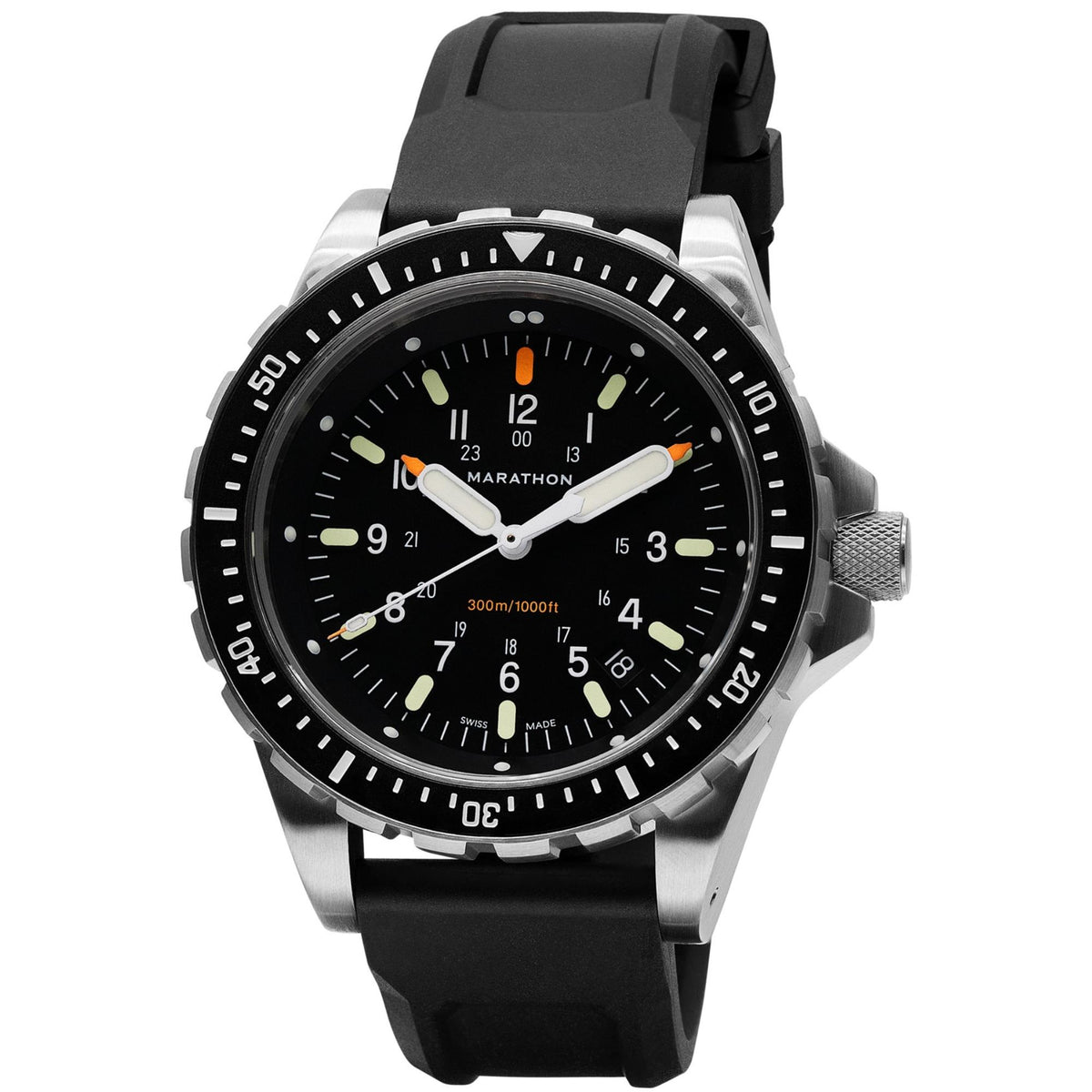 Marathon JSAR WW194018SS-0130 watch angled perspective showing stainless steel case and black rubber strap