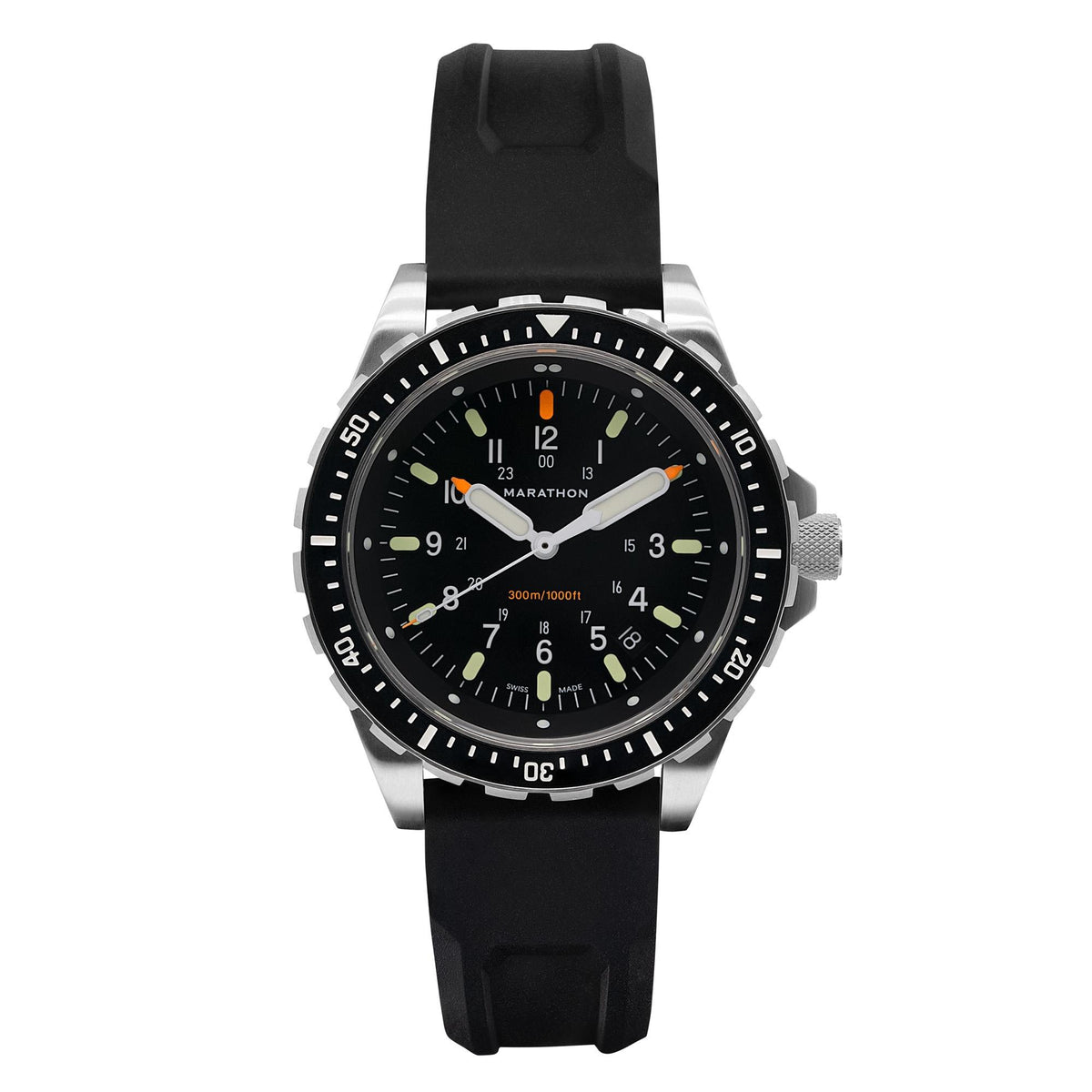 Marathon JSAR WW194018SS-0130 quartz watch featuring a 46mm black dial with a black rubber strap and a rotating diver bezel