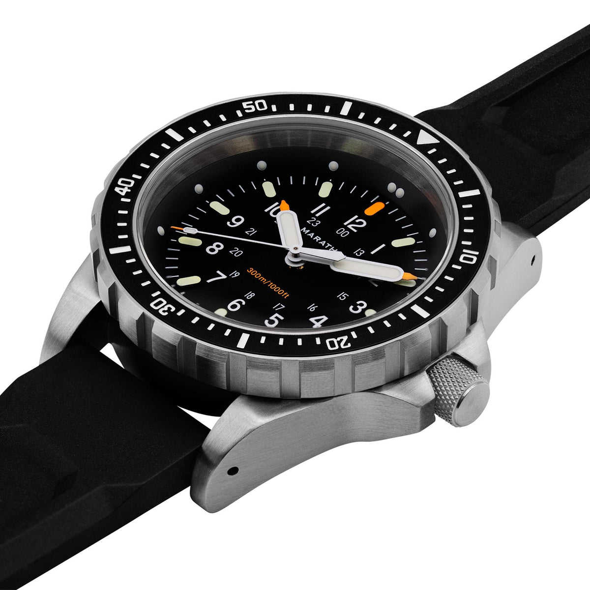 Marathon JSAR WW194018SS-0130 quartz watch close perspective displaying textured bezel and knurled crown