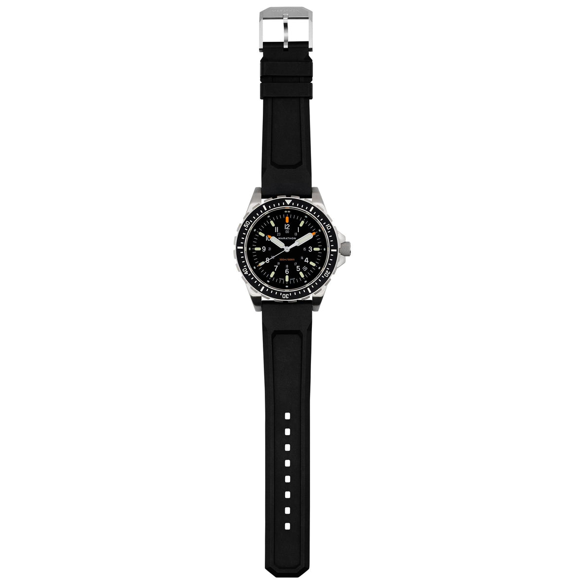 Marathon JSAR watch top view showing complete black rubber strap and stainless steel buckle