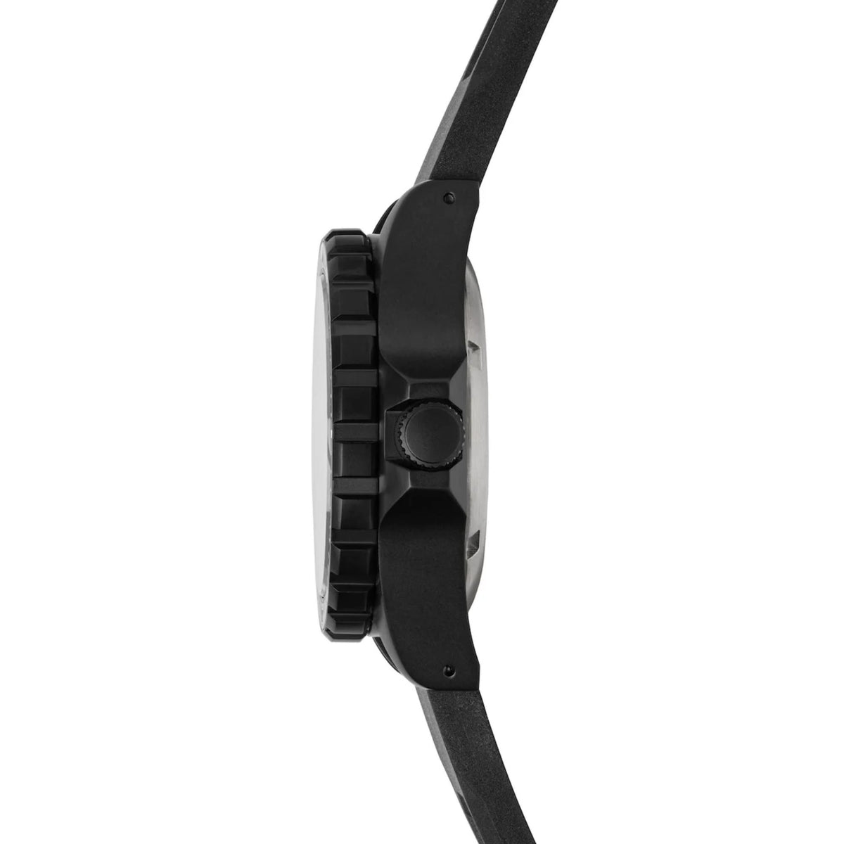 Marathon MSAR WW194026BK-0130 automatic watch side profile showing black case with knurled crown and black strap