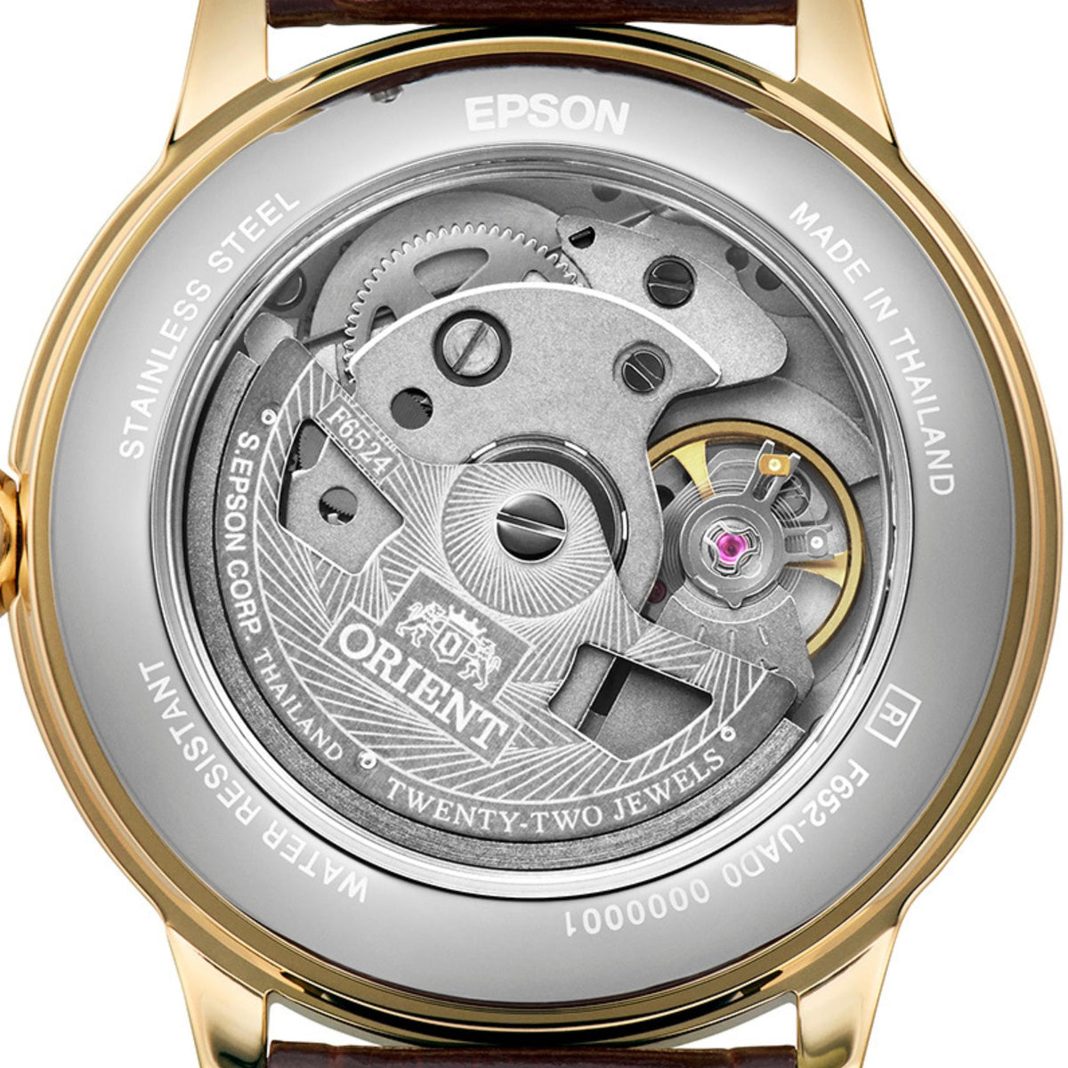 Orient Bambino RA-BB0101S30B white dial watch, see-through caseback revealing its movement