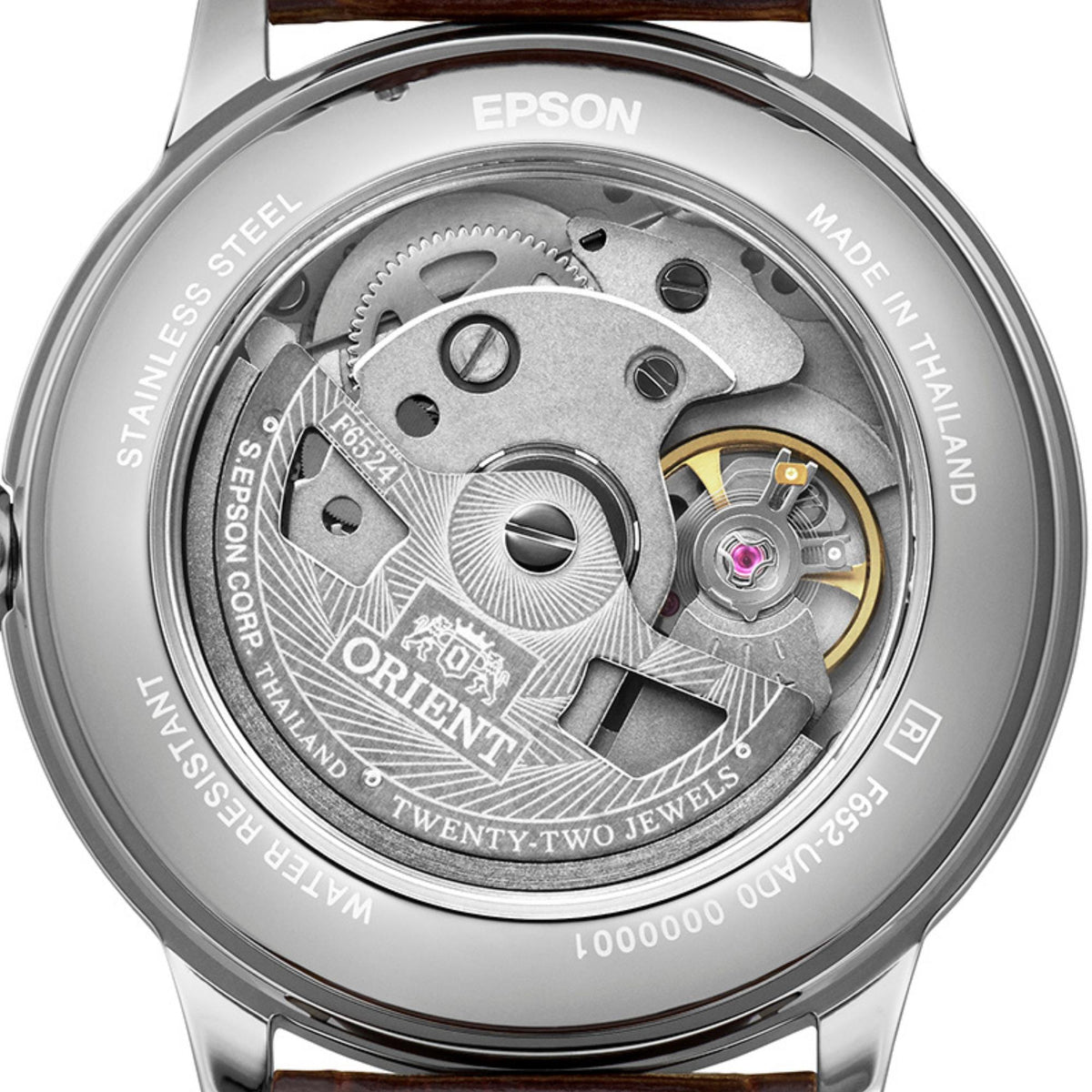 Back view of Orient Bambino RA-BB0102E30B showing its exhibition caseback revealing its automatic movement
