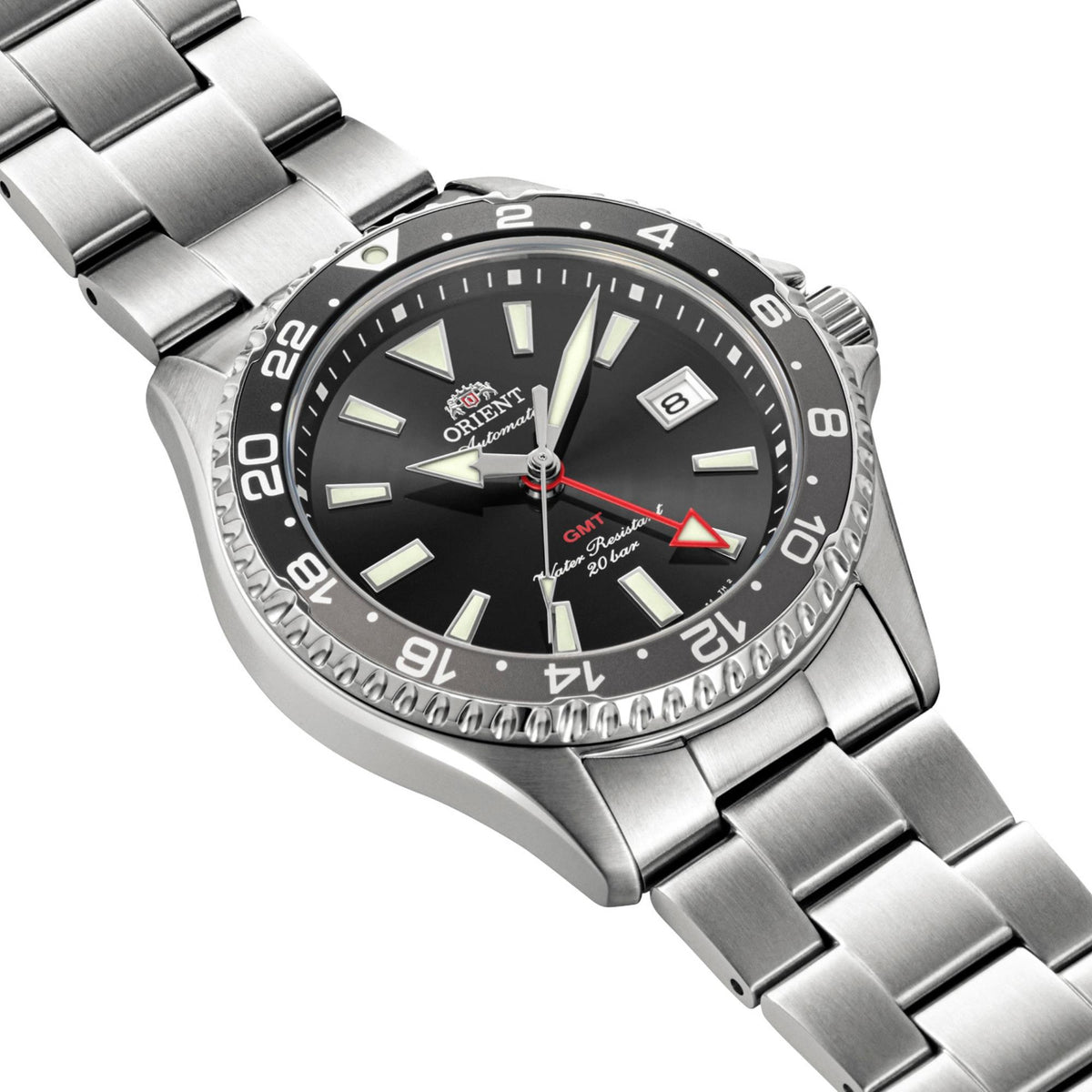 Orient Mako GMT RA-BC0001B30B case profile showing the black and grey 24-hour GMT bezel