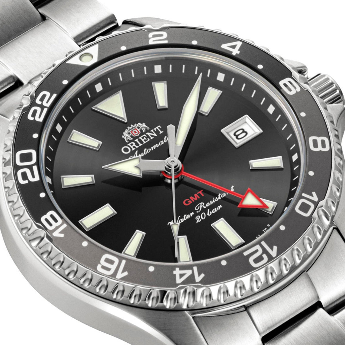 Orient Mako GMT black dial mens watch RA-BC0001B30B showing its 43mm black dial with a red second hand and a date window