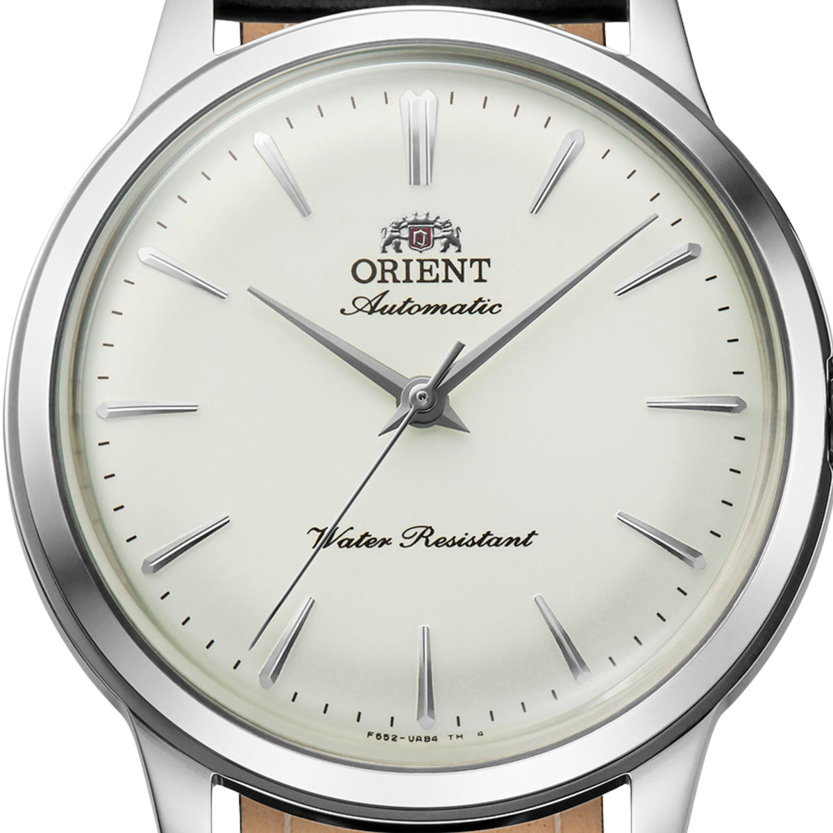 Close-up of the white dial, applied hour markers, and hands on the Orient Bambino 36 RA-BB0103S30B