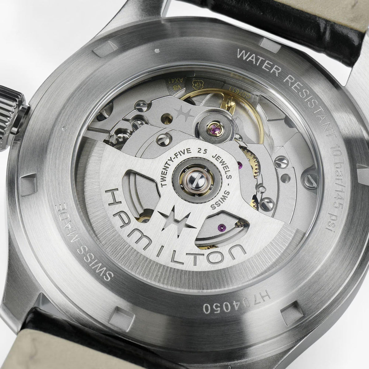 Hamilton Khaki Field Murph H70405740 watch exhibition caseback revealing internal rotor, and Swiss automatic movement