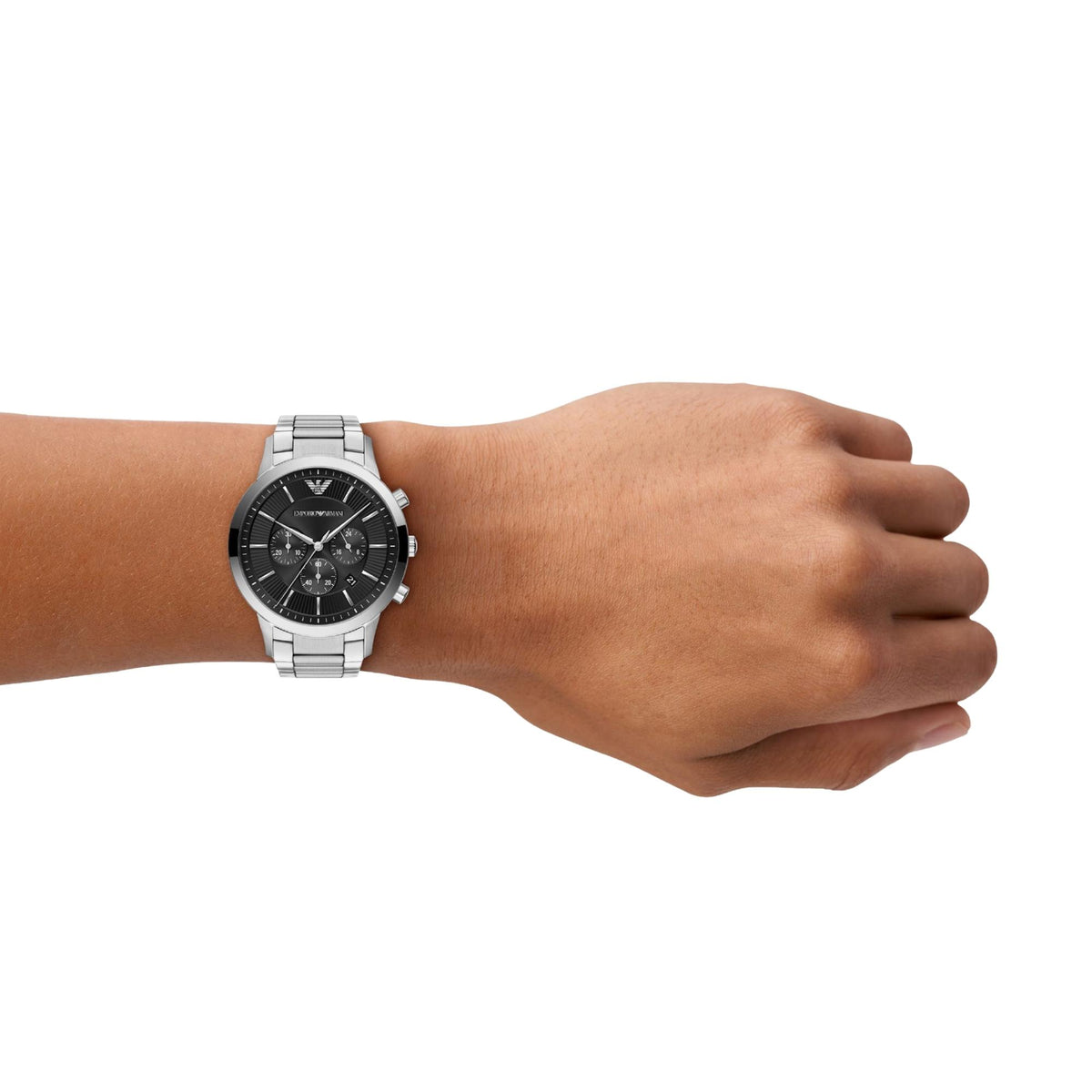 Emporio Armani Archetipo AR11819 timepiece worn on a wrist highlighting the black dial and steel bracelet