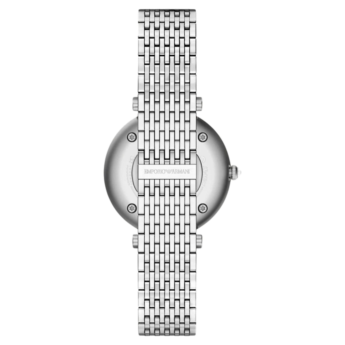 Back profile of the Emporio Armani Archelia AR11807 watch highlighting the stainless steel link bracelet with integrated deployment clasp and eagle logo engraving