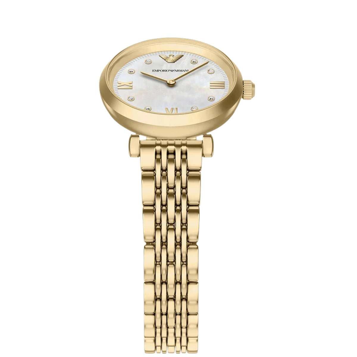 Overhead view of the Emporio Armani Gianni AR11806 wrist watch highlighting the mother of pearl dial, stone indices, Roman numeral accents, and gold-tone bracelet