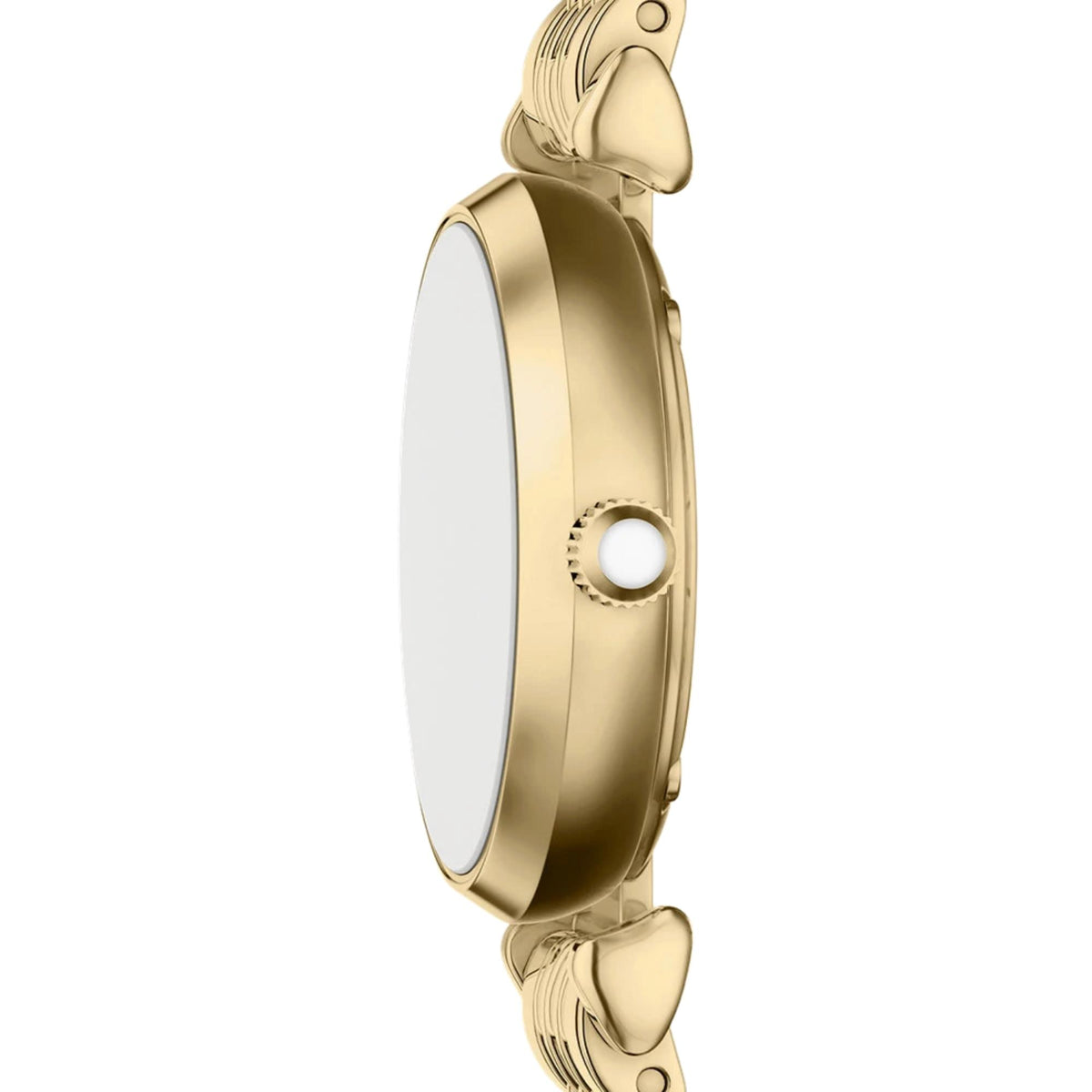 Side view of the Emporio Armani Gianni AR11806 watch showing the slim round gold-tone case profile and white cabochon-topped winding crown