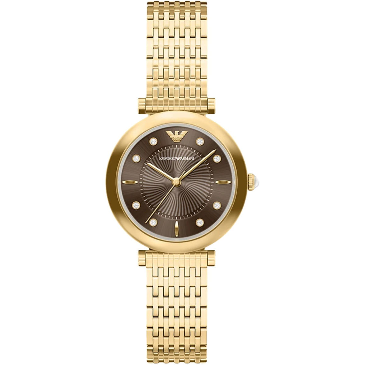 Emporio Armani Archelia AR11810 ladies quartz watch featuring a gold-tone round case, brown dial with textured sunray pattern center, crystal hour markers, and matching gold-tone metal bracelet