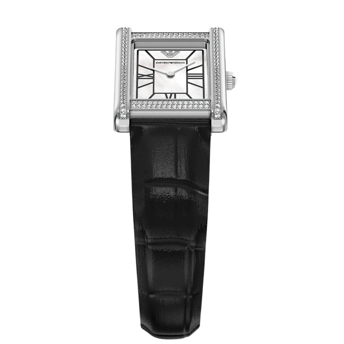 Overhead view of the Emporio Armani Genni AR11803 wrist watch highlighting the mother of pearl dial, Roman numeral markers, stone-set case borders, and black leather strap