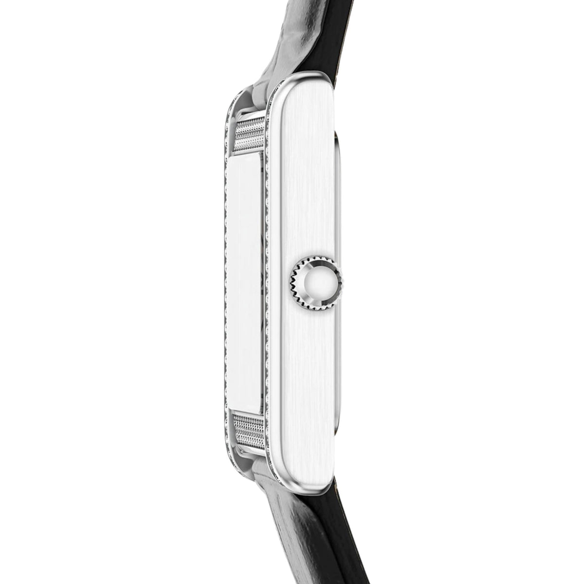 Side view of the Emporio Armani Genni AR11803 watch showing the sleek rectangular silver-tone case profile, smooth crown, and black leather strap attachment
