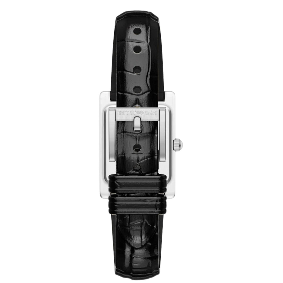 Back view of the Emporio Armani Genni AR11803 watch displaying the black textured leather strap with engraved silver-tone pin buckle fastening