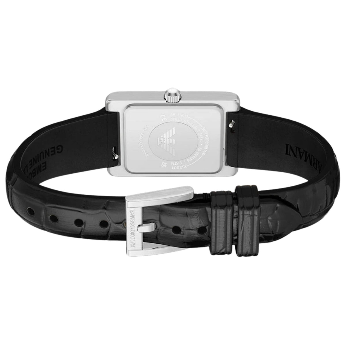 Rear angle of the Emporio Armani Genni AR11803 watch featuring the solid rectangular case back with eagle logo engraving and black leather band with silver buckle