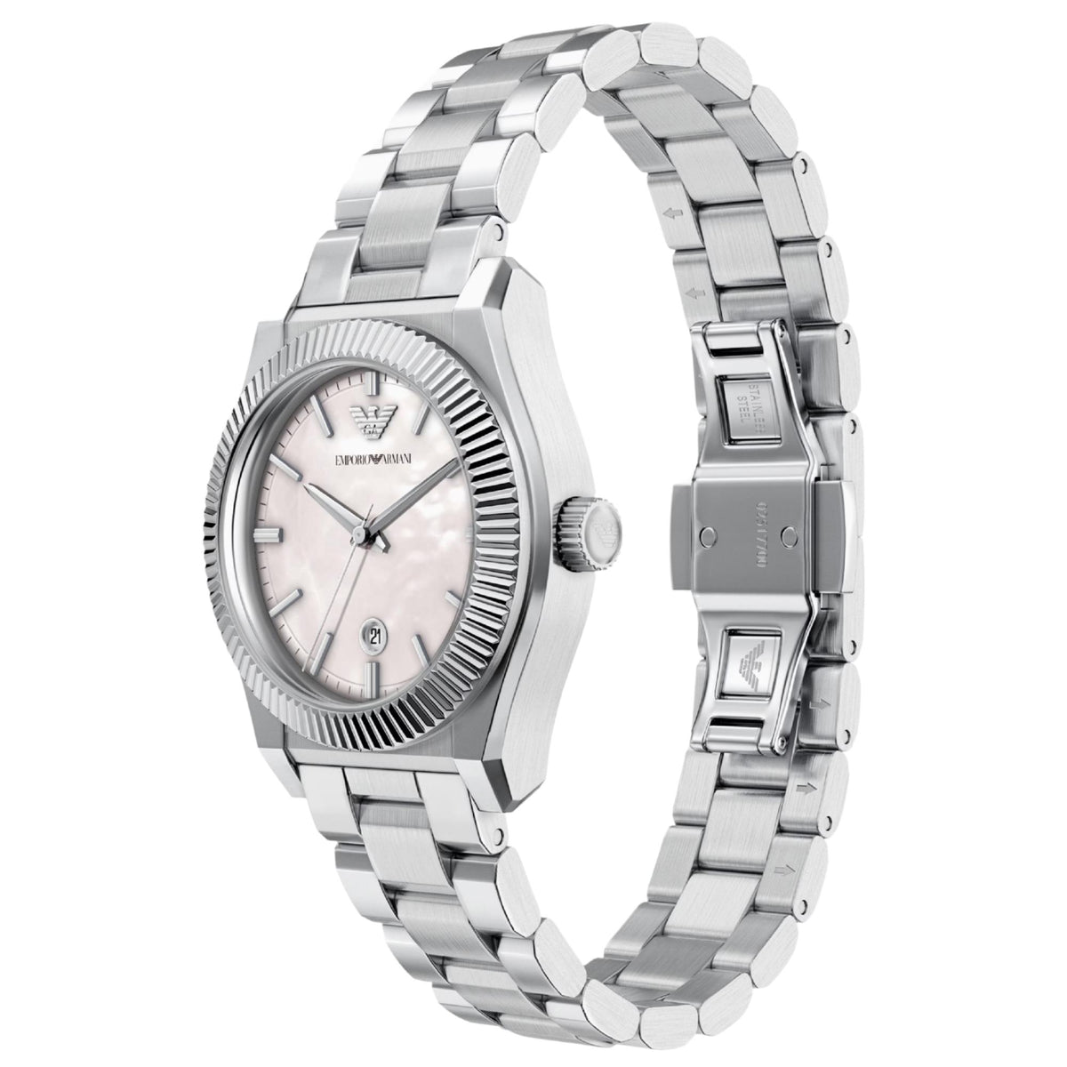 Angled perspective of the Emporio Armani Federica AR11802 watch highlighting the textured bezel, shimmering mother of pearl dial, and stainless steel link bracelet with deployment clasp