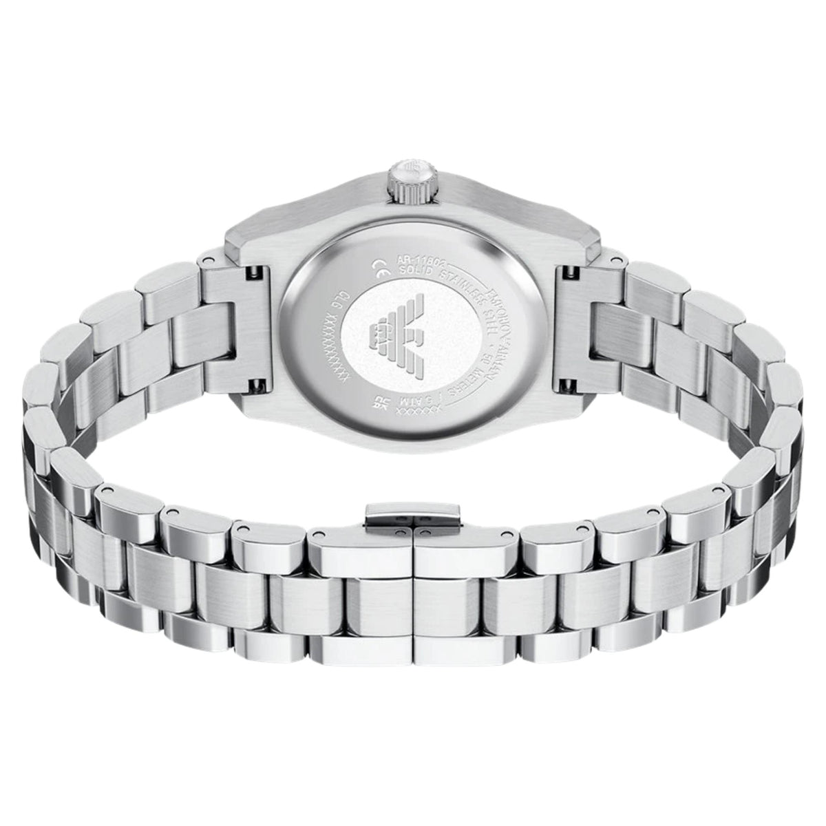 Rear view of the Emporio Armani Federica AR11802 watch featuring the solid engraved stainless steel case back and multi-link metallic bracelet with butterfly fastening