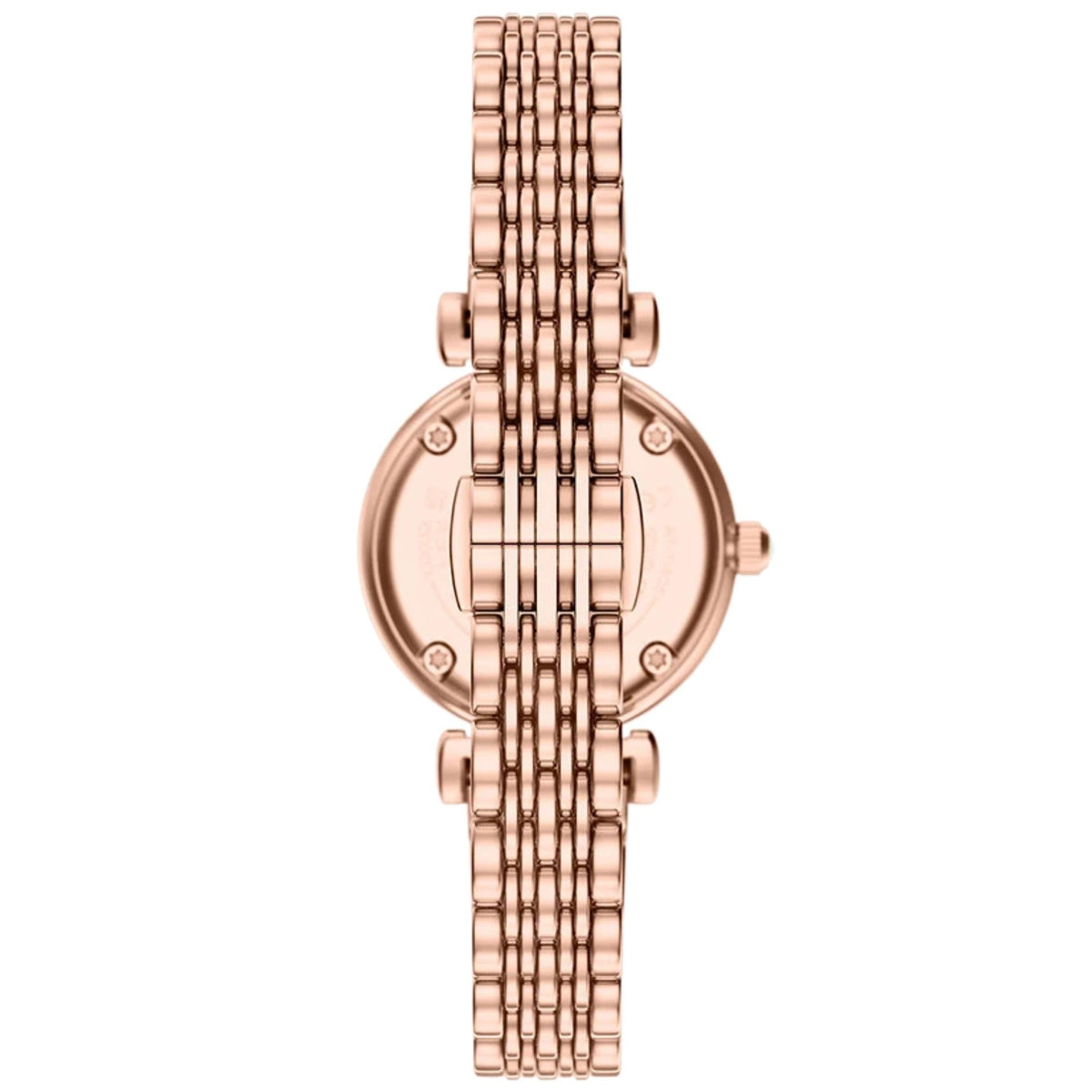 Back view of the Emporio Armani Gianni AR11805 watch displaying the polished rose gold-tone multi-link steel bracelet and seamless butterfly closure