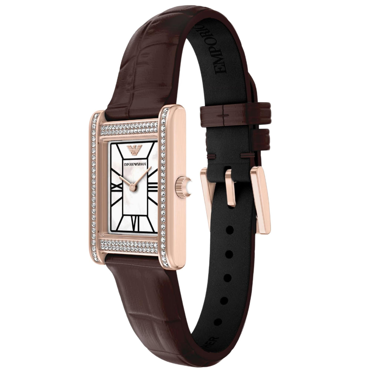 Angled perspective of the Emporio Armani Genni AR11804 watch highlighting the stone-set rectangular case, mother of pearl dial display, and dark brown alligator-grain leather strap with pin buckle