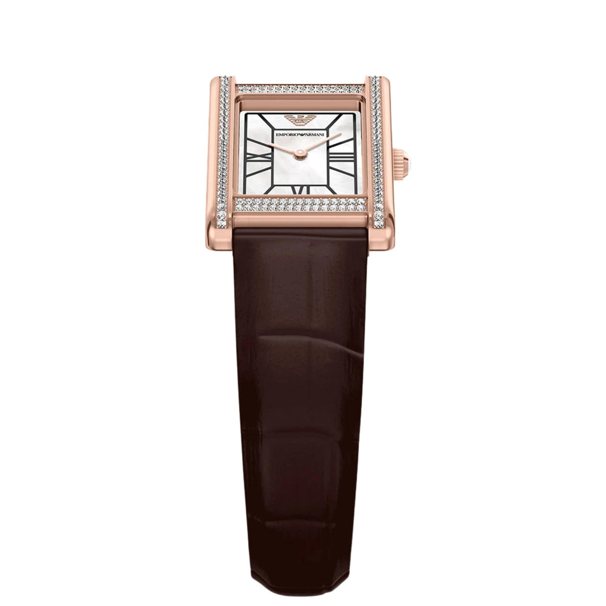 Overhead view of the Emporio Armani Genni AR11804 wrist watch showing the sparkling crystal bezel detail, mother of pearl dial, Roman numerals, and brown leather strap attachment
