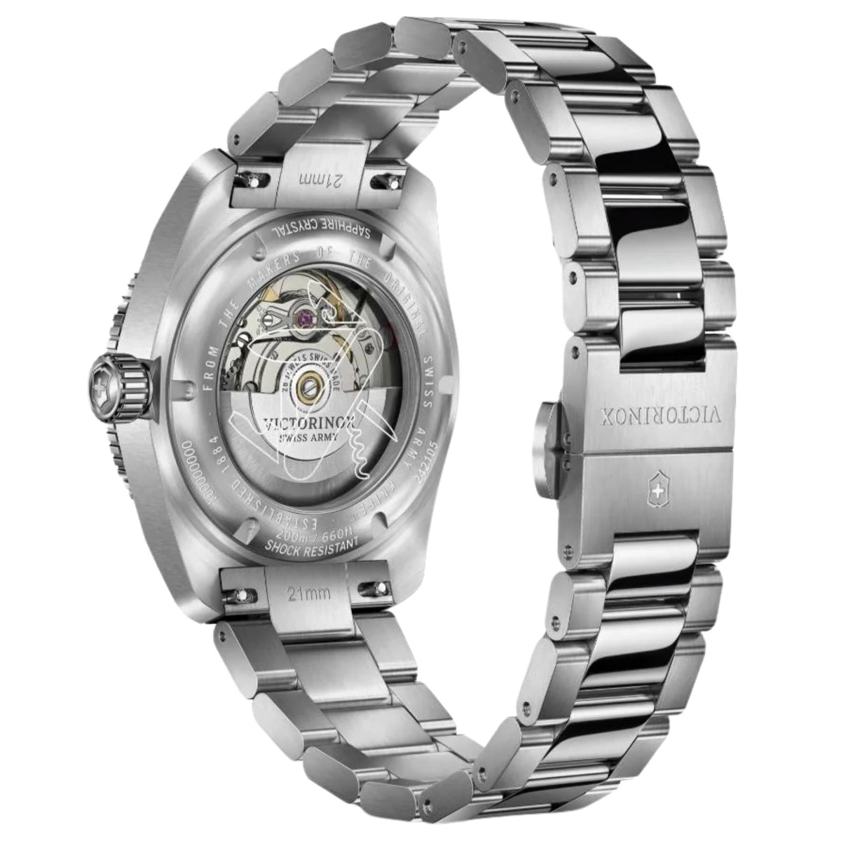 Victorinox Maverick 242105 watch rear perspective displaying clear skeleton case back, automatic rotor, and branded clasp