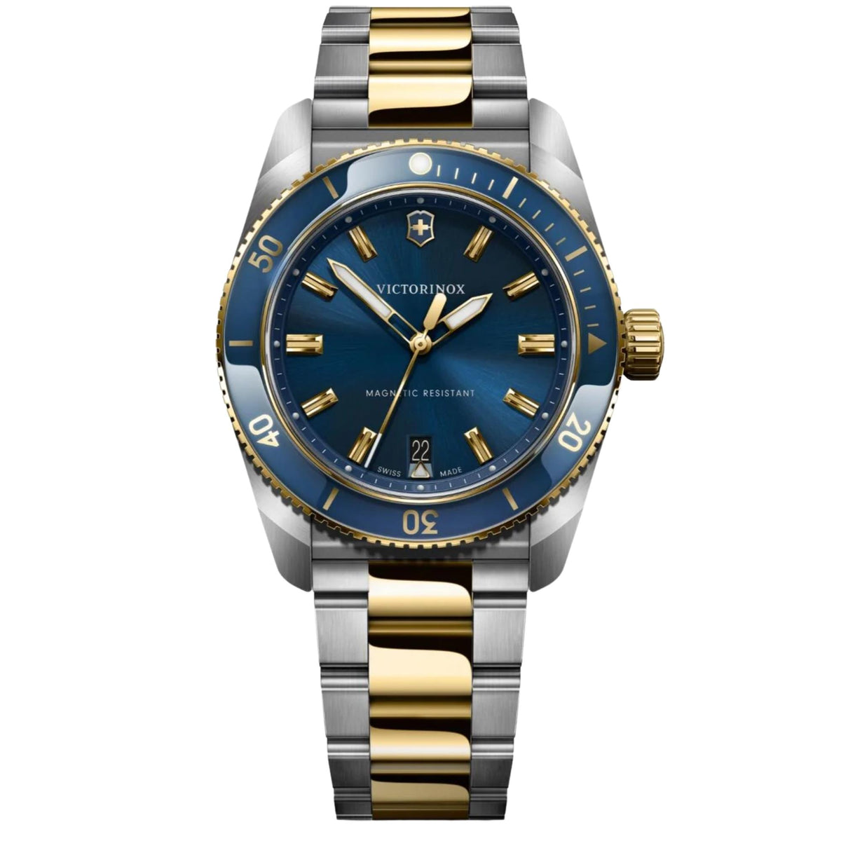 Victorinox Maverick 242100 39mm quartz mens watch front view showing blue dial, gold tone accents, rotating bezel, and two-tone bracelet