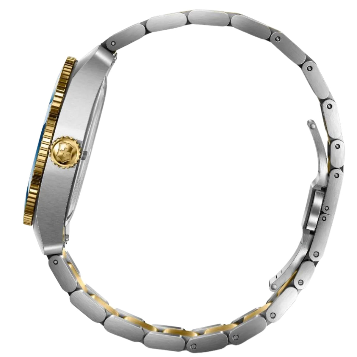 Victorinox Maverick 242100 mens quartz watch side profile showing gold crown, brushed steel case, and two-tone link bracelet loop