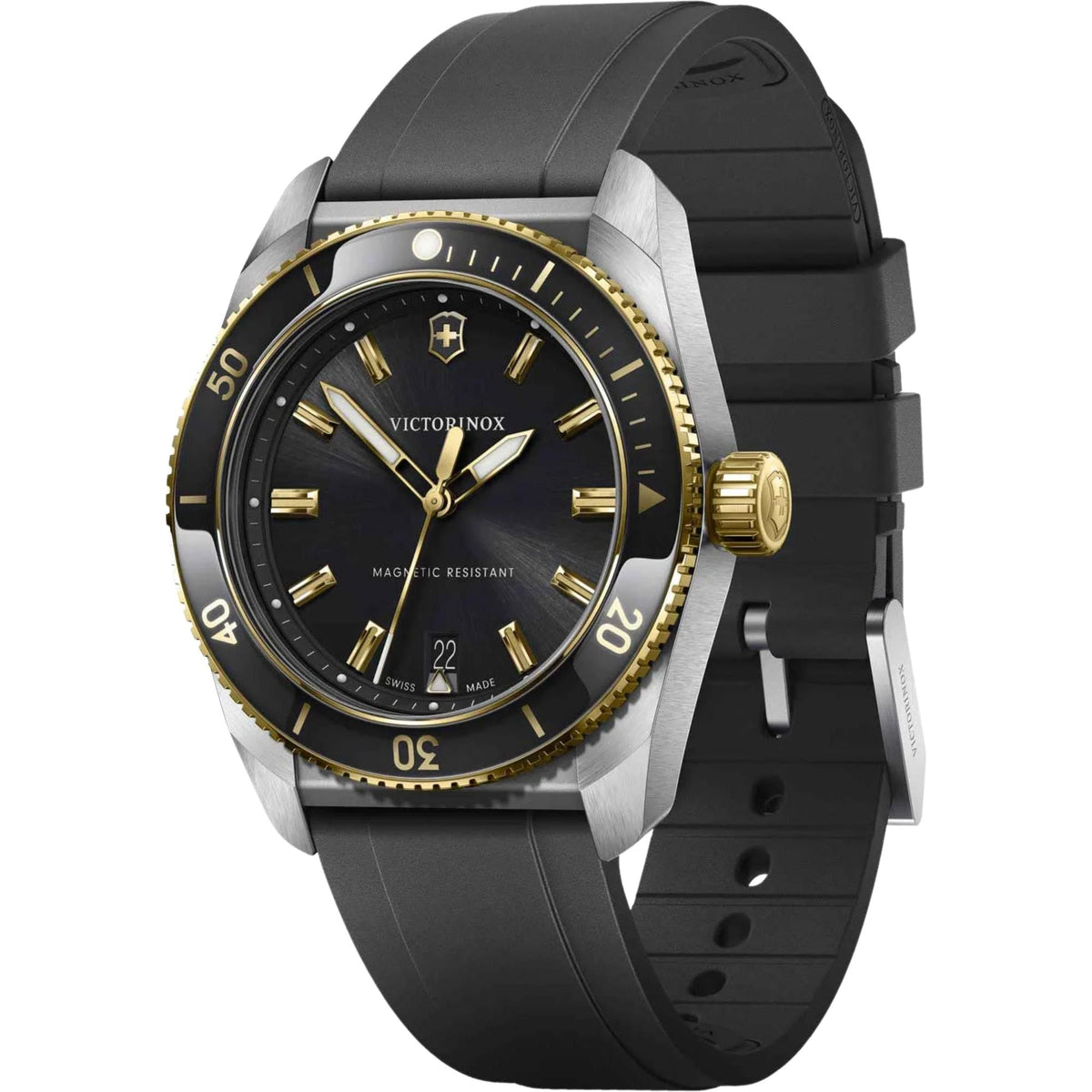Victorinox Maverick 242099 mens quartz watch, three-quarter angle, featuring black dial, gold crown, silver case, and black rubber strap