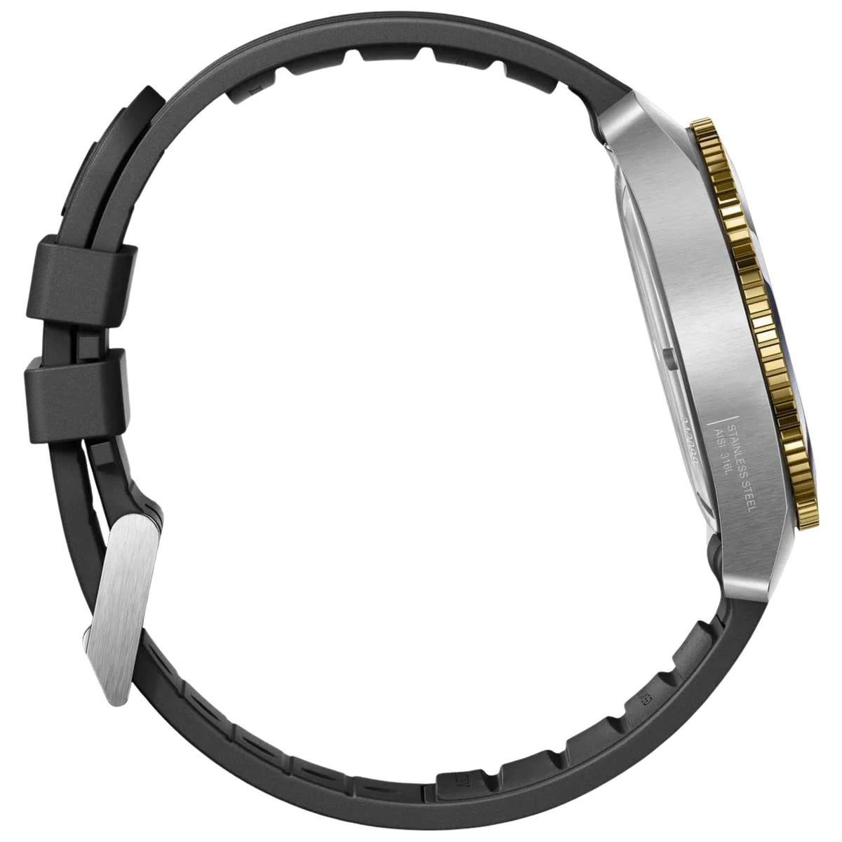 Victorinox Maverick 242099 mens watch side profile left view highlighting stainless steel case, gold bezel edge, and black rubber band