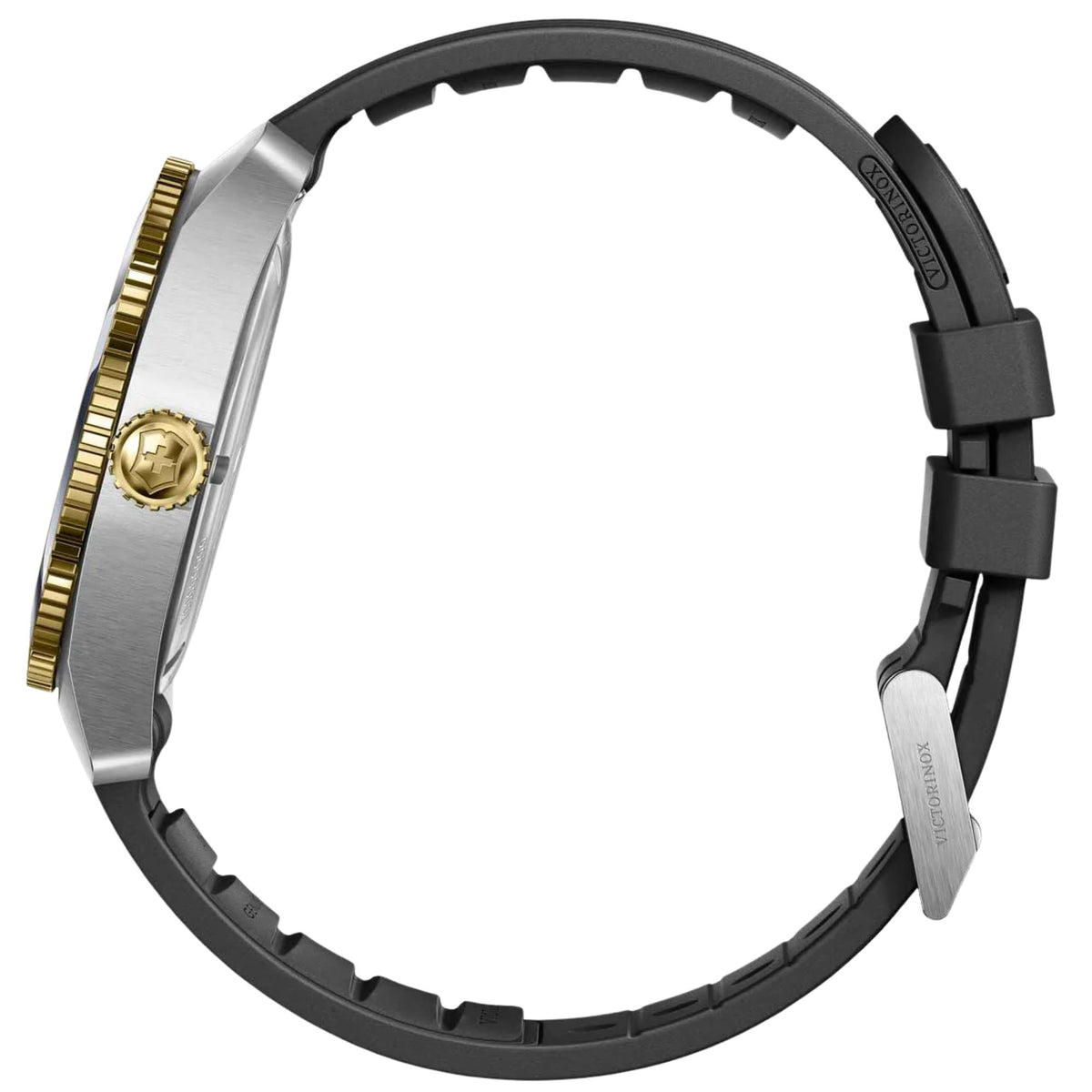 Victorinox Maverick 242099 quartz watch side profile right view showing gold knurled crown, steel case, and black rubber strap