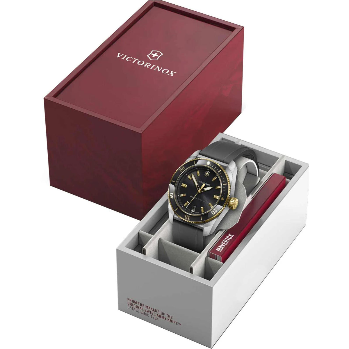 Victorinox Maverick 242099 39mm mens watch inside presentation box with red branded lid, black dial, and instruction booklet