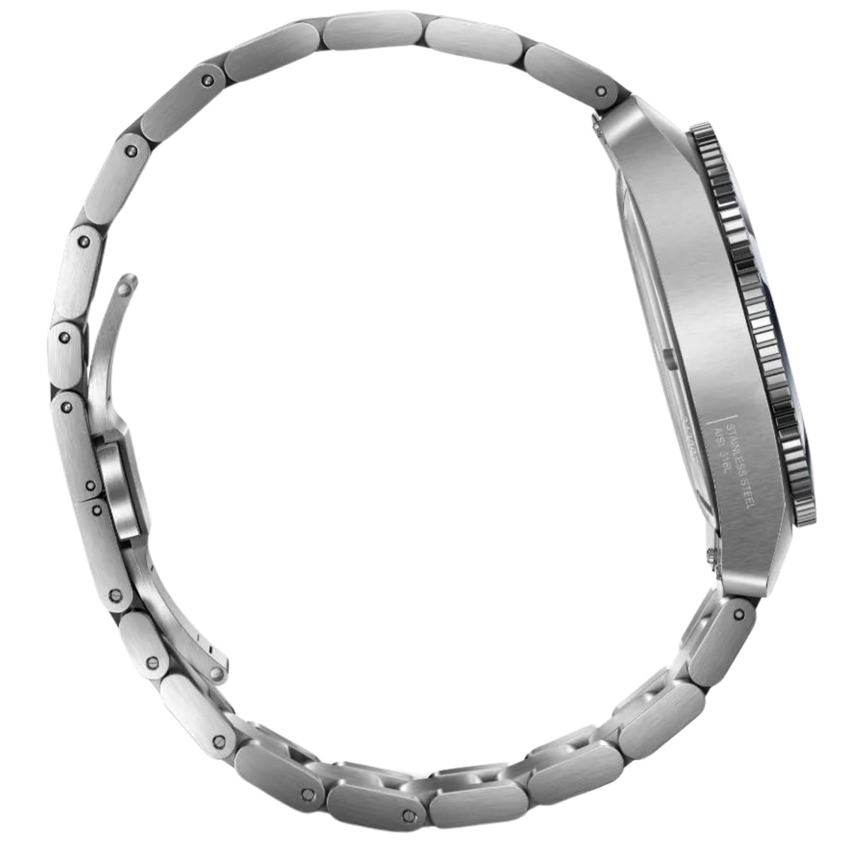 Victorinox Maverick 242097 mens quartz watch side profile left view showing stainless steel case edge and link bracelet curve