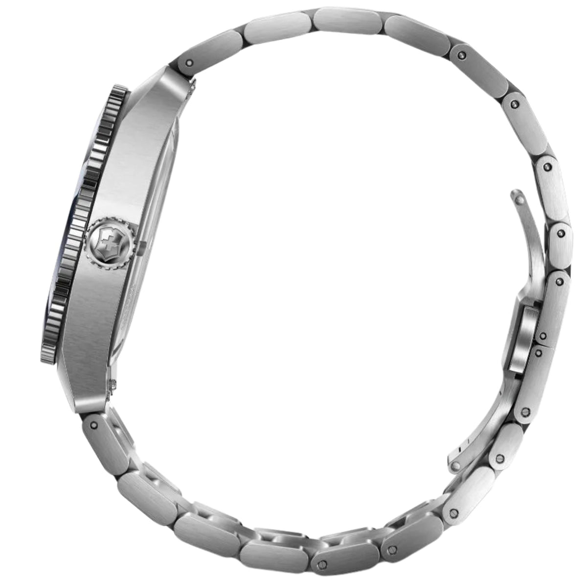 Victorinox Maverick 242097 quartz watch side profile right view displaying ribbed crown, steel watch case, and bracelet clasp mechanism