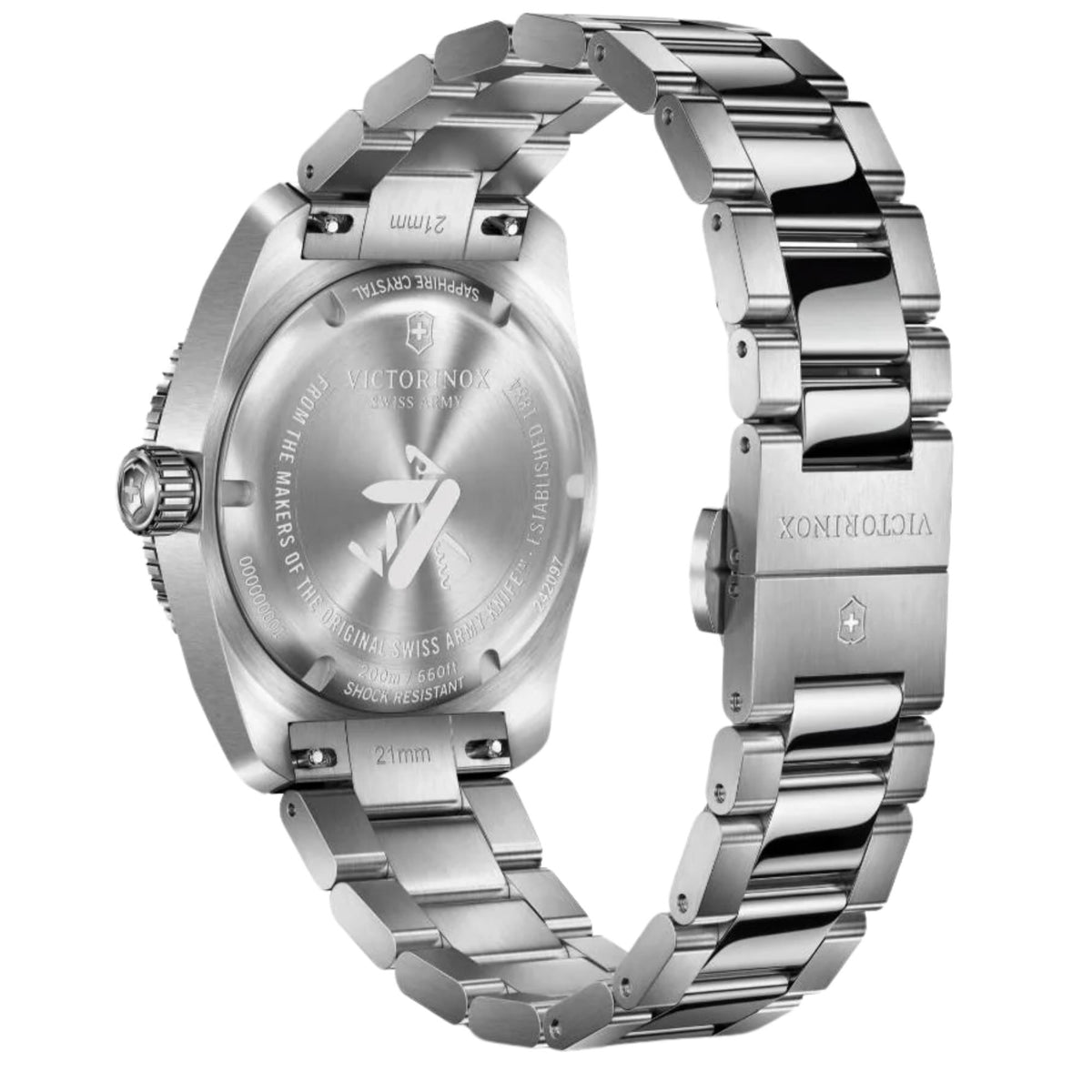 Victorinox Maverick 242097 mens watch back view showing engraved stainless steel caseback, Swiss Army Knife emblem, and folding clasp