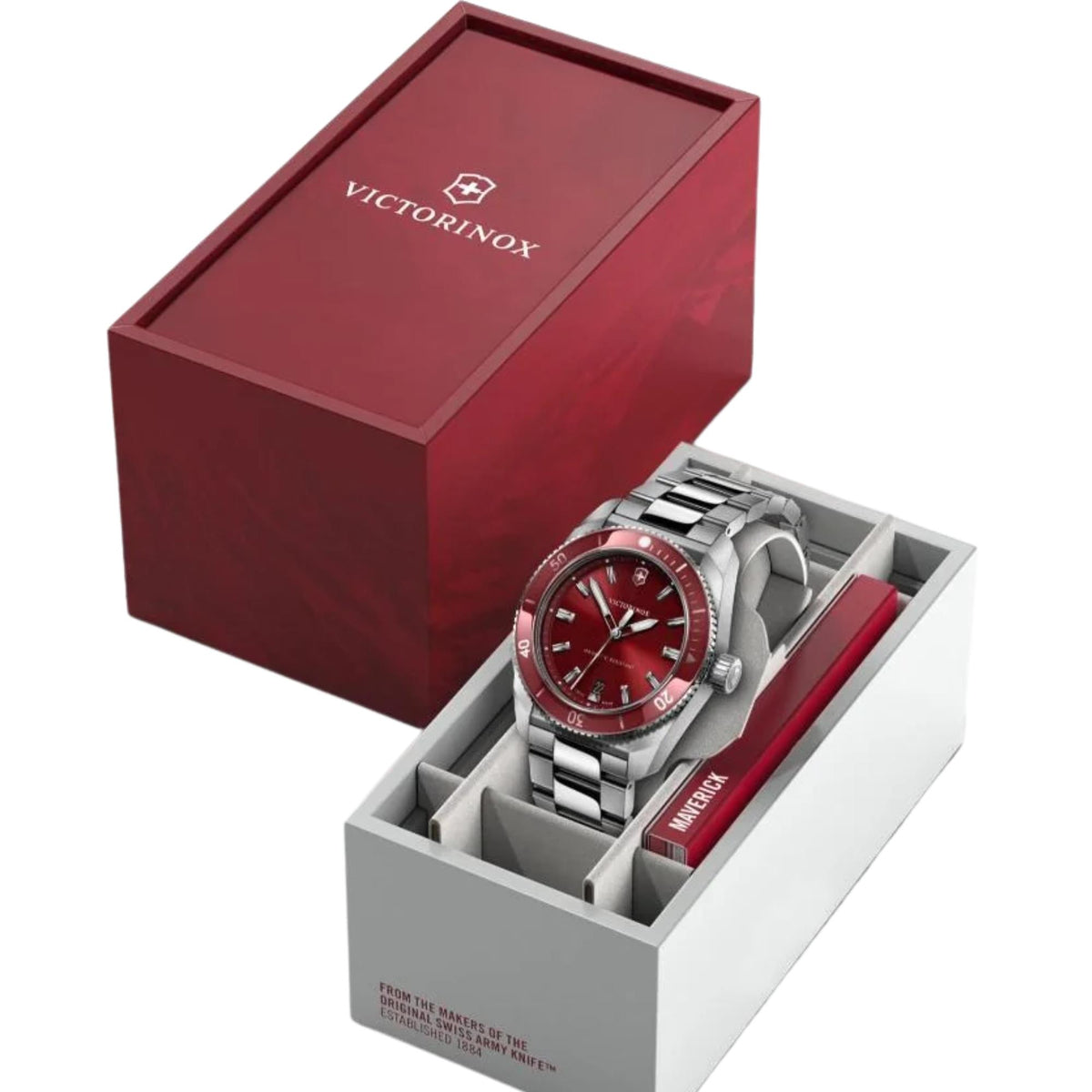 Victorinox Maverick 242098 39mm mens watch displayed inside official presentation box with red branded lid and red dial wrist watch